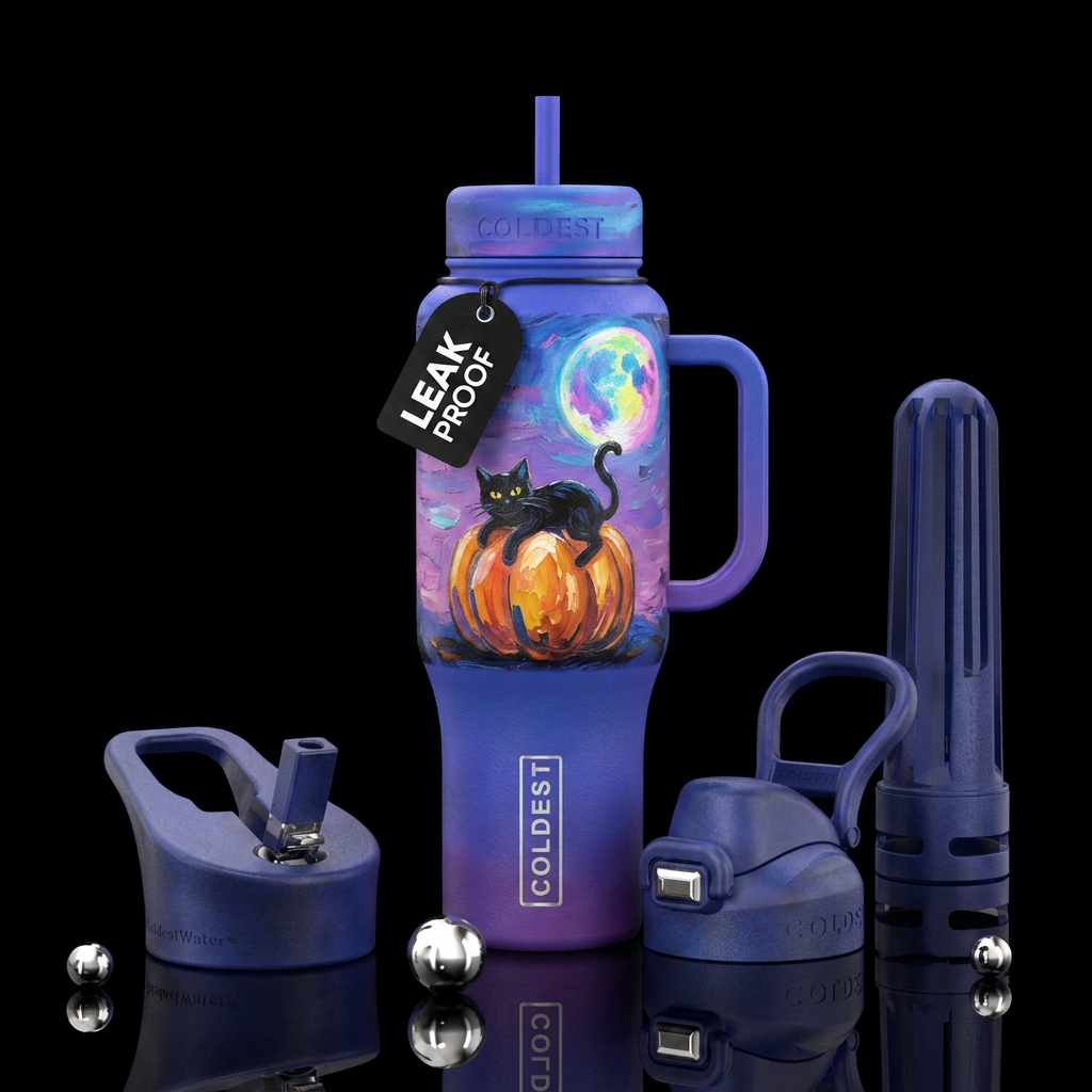 Pumpkin with a black cat on it , twilight,  full m... water bottle design