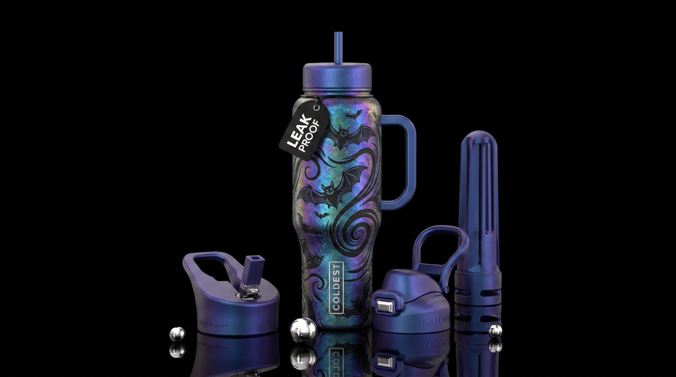 Bats, irridescent, spirals water bottle design