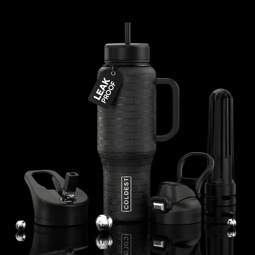 Bricks on a black bottle, artistic, painting, whim... water bottle design