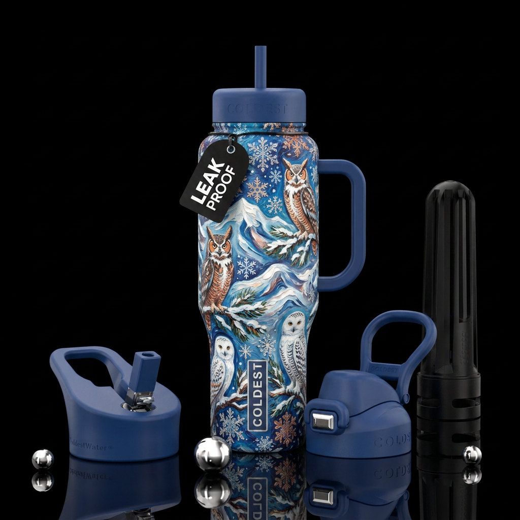 Owl,  winter wonderland,  snowflakes,  texture pai... water bottle design