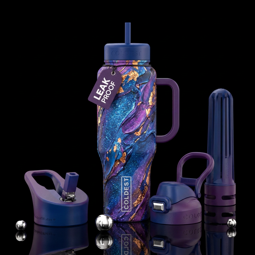 A Geo Stone, sparkly,  deep blue and purple colors... water bottle design