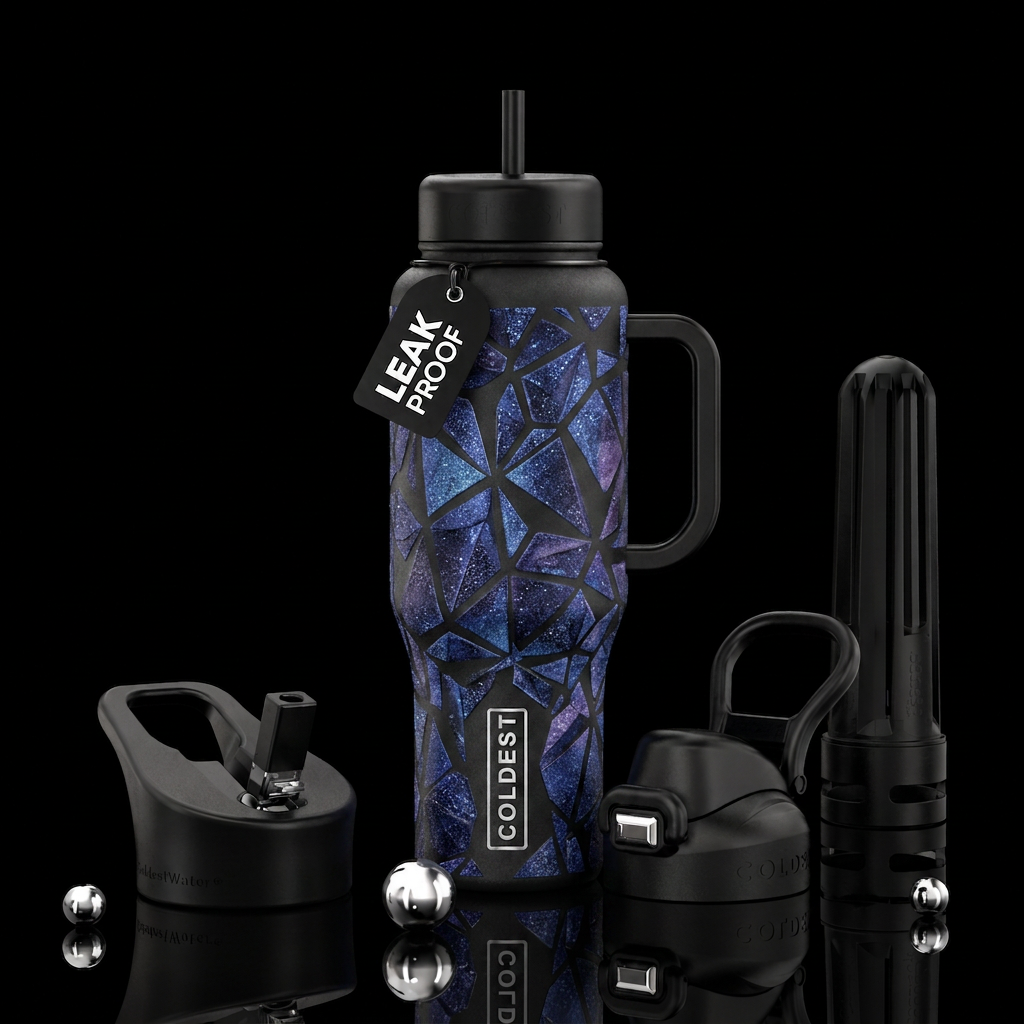 A Geo Stone, sparkly,  deep blue and purple colors... water bottle design