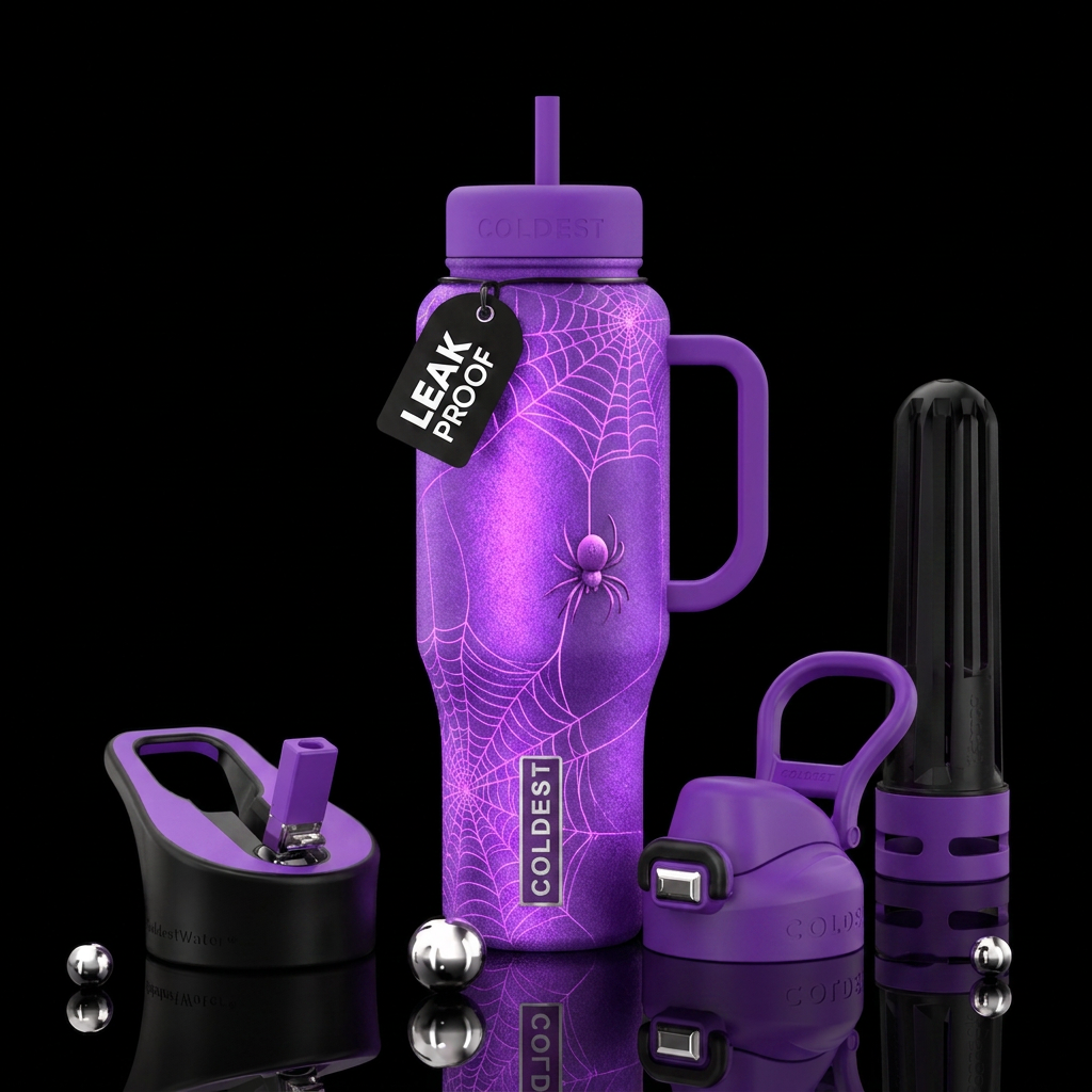 Web with a cute little spider climbing up to the W... water bottle design