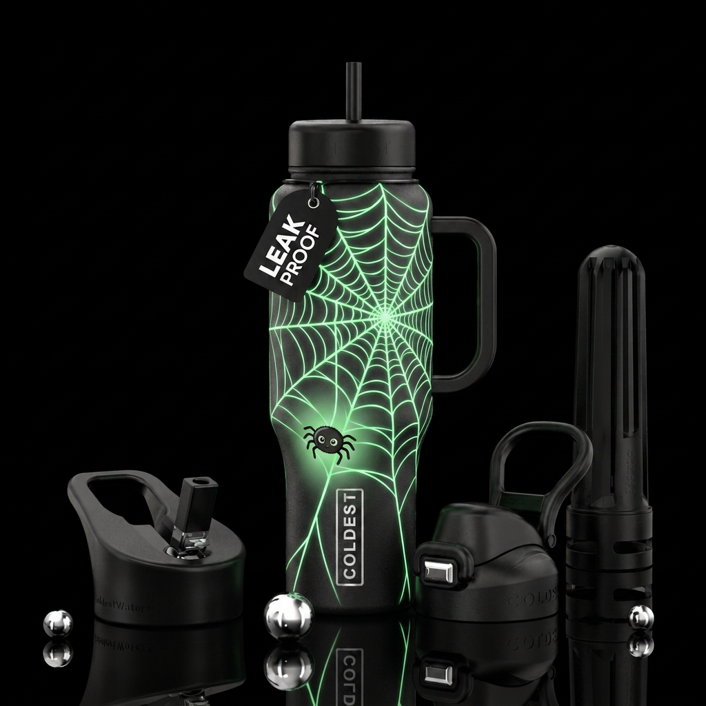 Web with a cute little spider climbing up to the W... water bottle design