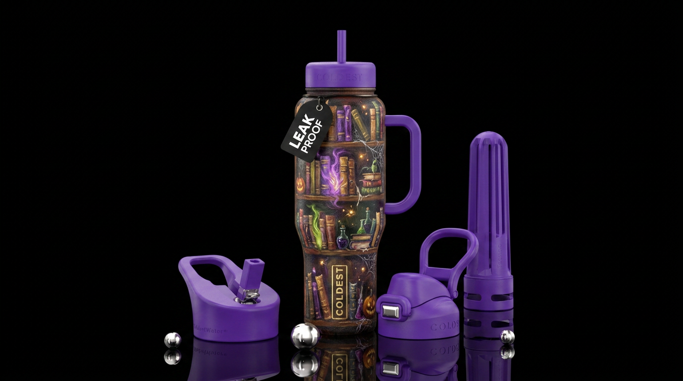 Bookshelves with books and magic,  Halloween vibe,... water bottle design