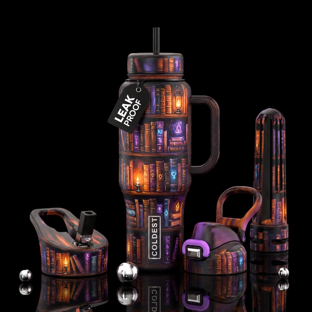 Bookshelves with books and magic,  Halloween vibe,... water bottle design