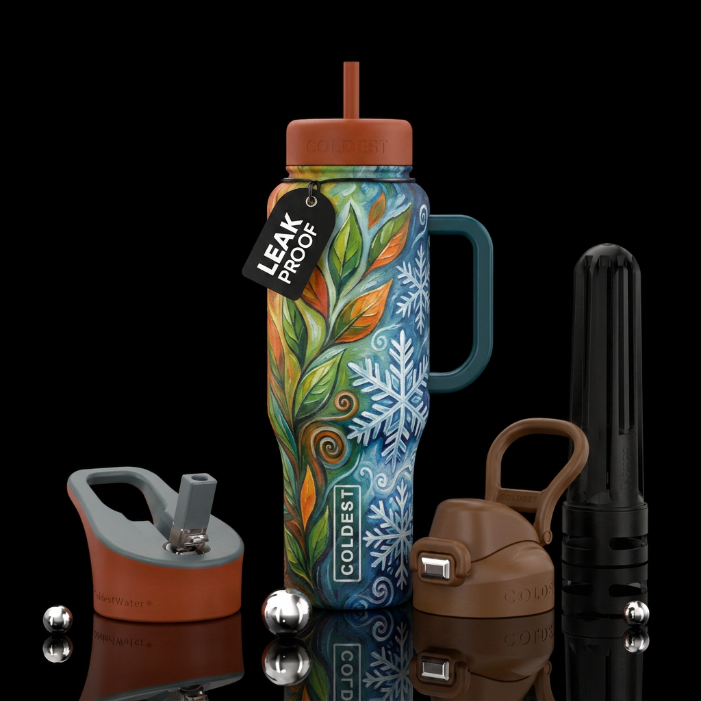leaves 🍃 🍂  turning into snowflakes ❄️, oil pain... water bottle design