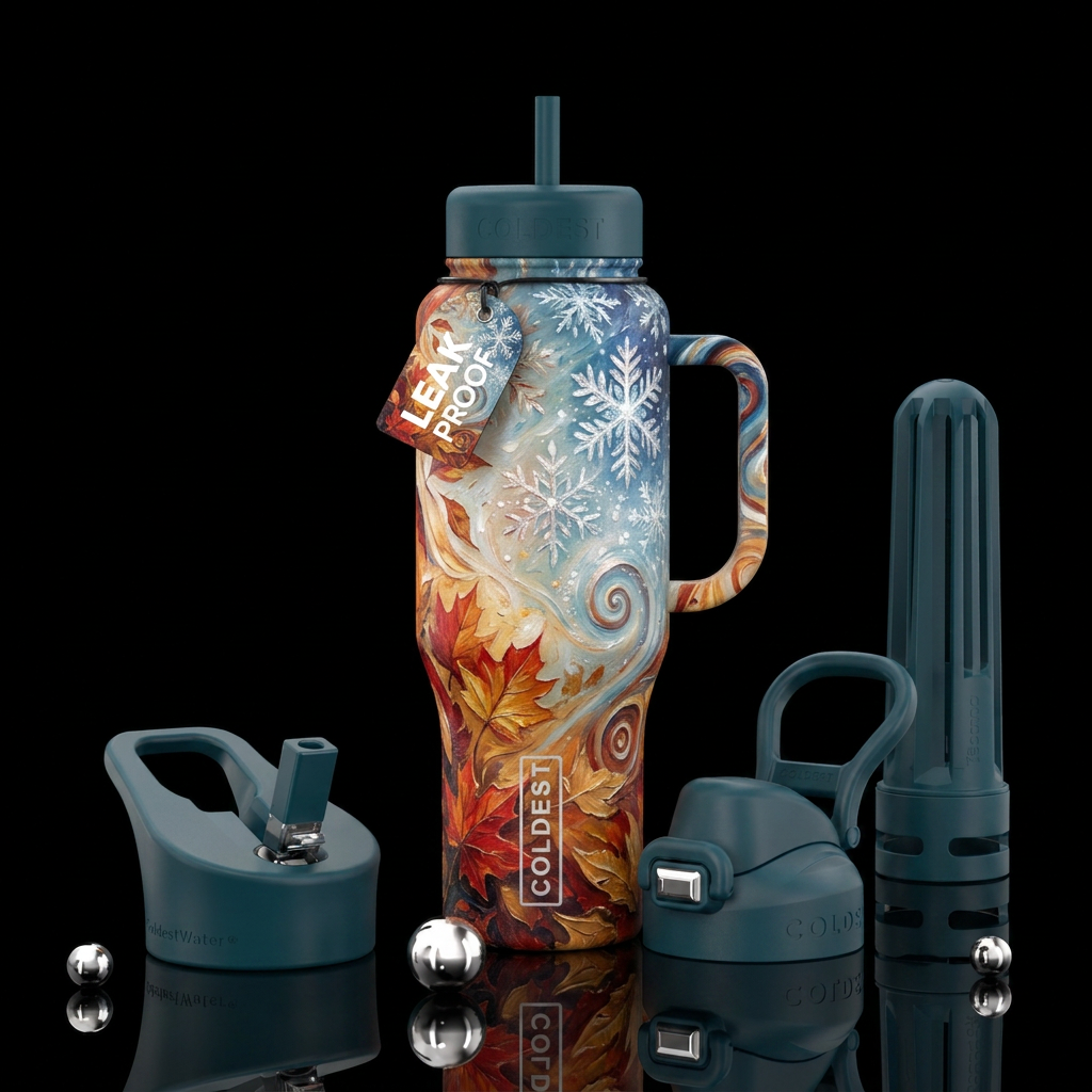 leaves 🍃 🍂  turning into snowflakes ❄️, oil pain... water bottle design