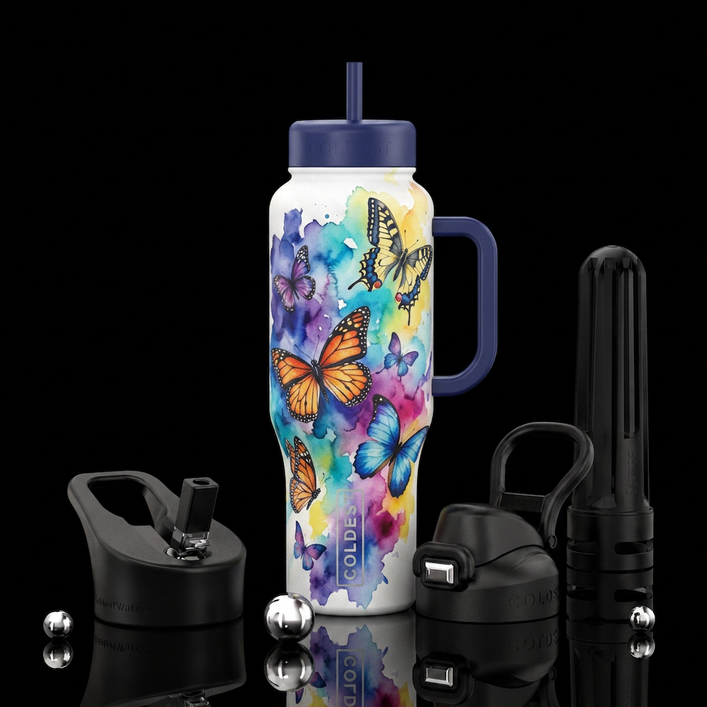 modern, artistic, watercolor, butterfly water bottle design
