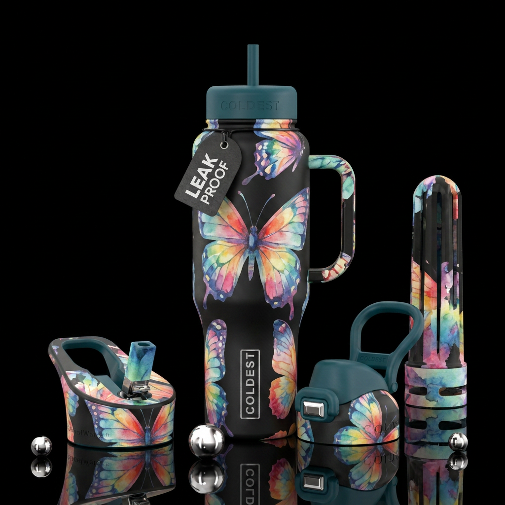 modern, artistic, watercolor, butterfly water bottle design