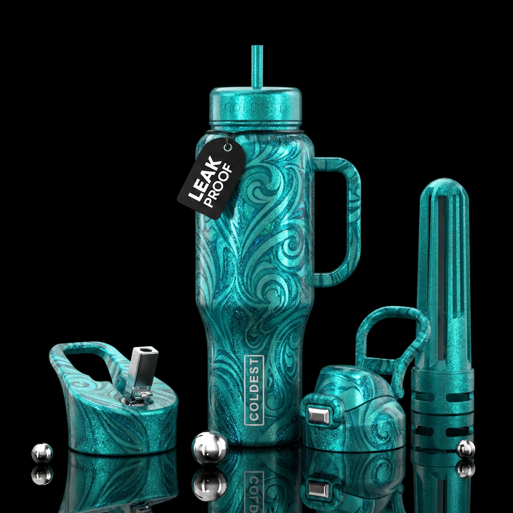 teal, sparkly, swirls, abstract, artistic water bottle design