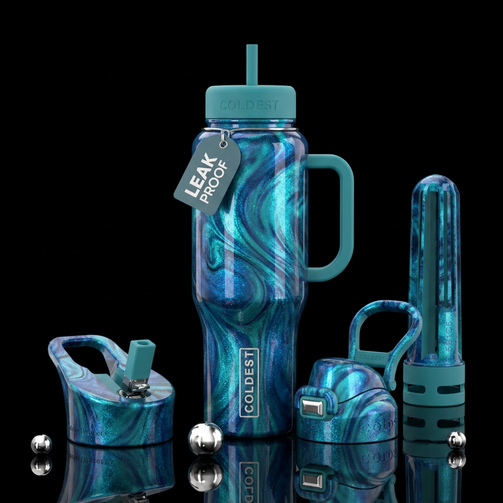 teal, sparkly, swirls, abstract, artistic water bottle design