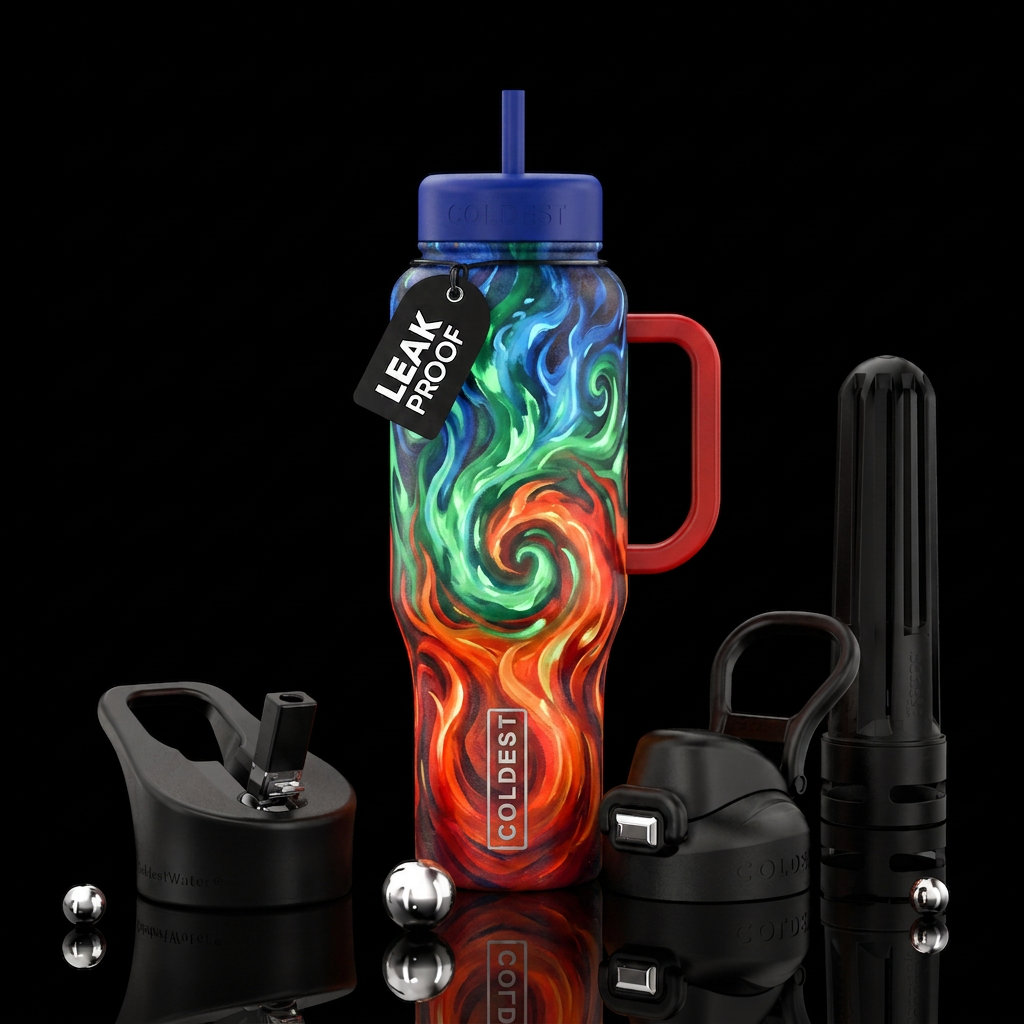 Red, orange,  green and blue flames, glowie, ombre... water bottle design