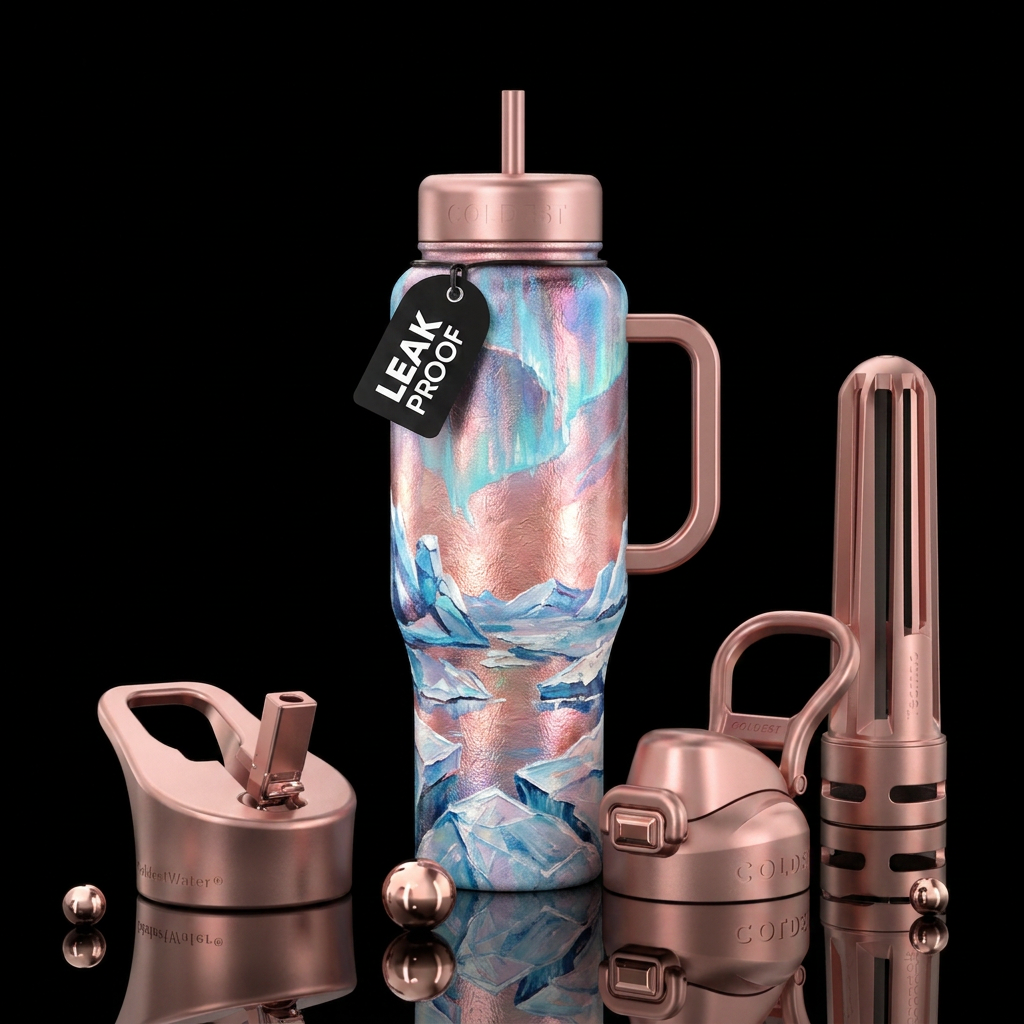 rose gold, luxurious, oil painted, artistic, arcti... water bottle design