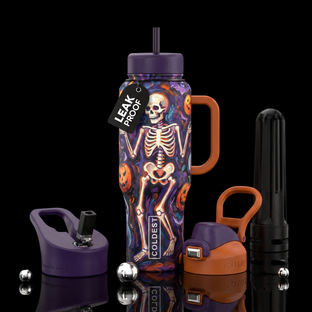 Dancing skeletons,  glowie, texture painting,, oil... water bottle design