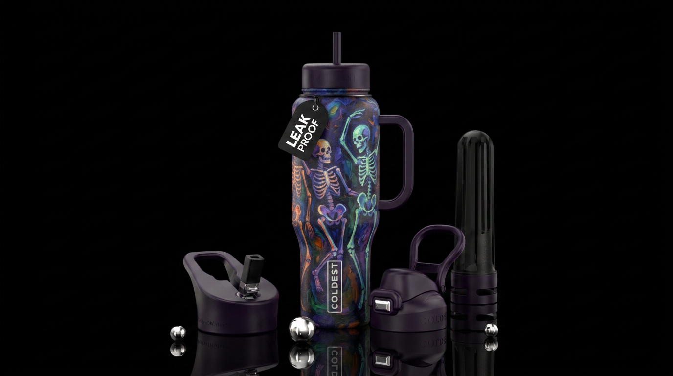 Dancing skeletons,  glowie, texture painting,, oil... water bottle design