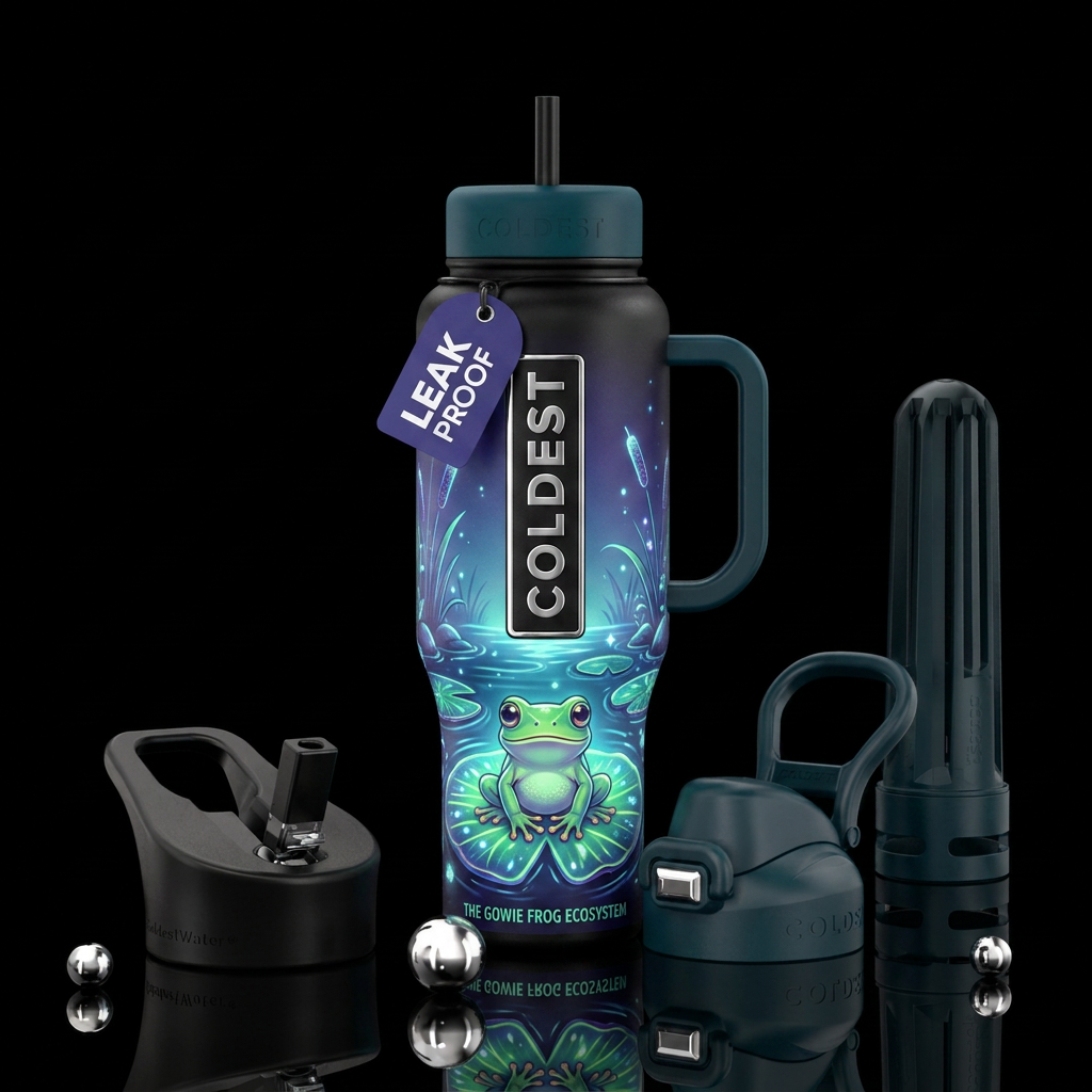 Cute frog sitting on in a Lilly pod, twilight,  gl... water bottle design