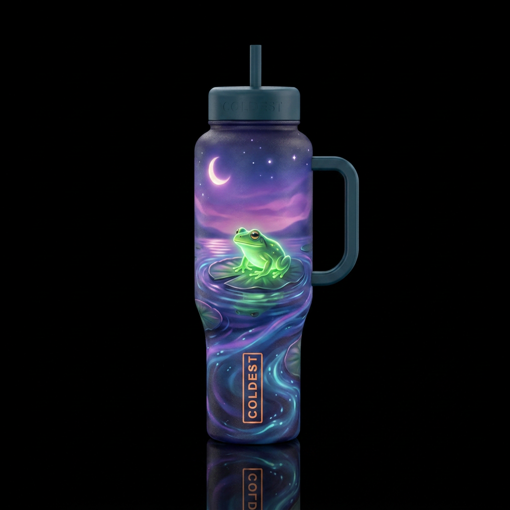 Cute frog sitting on in a Lilly pod, twilight,  gl... water bottle design