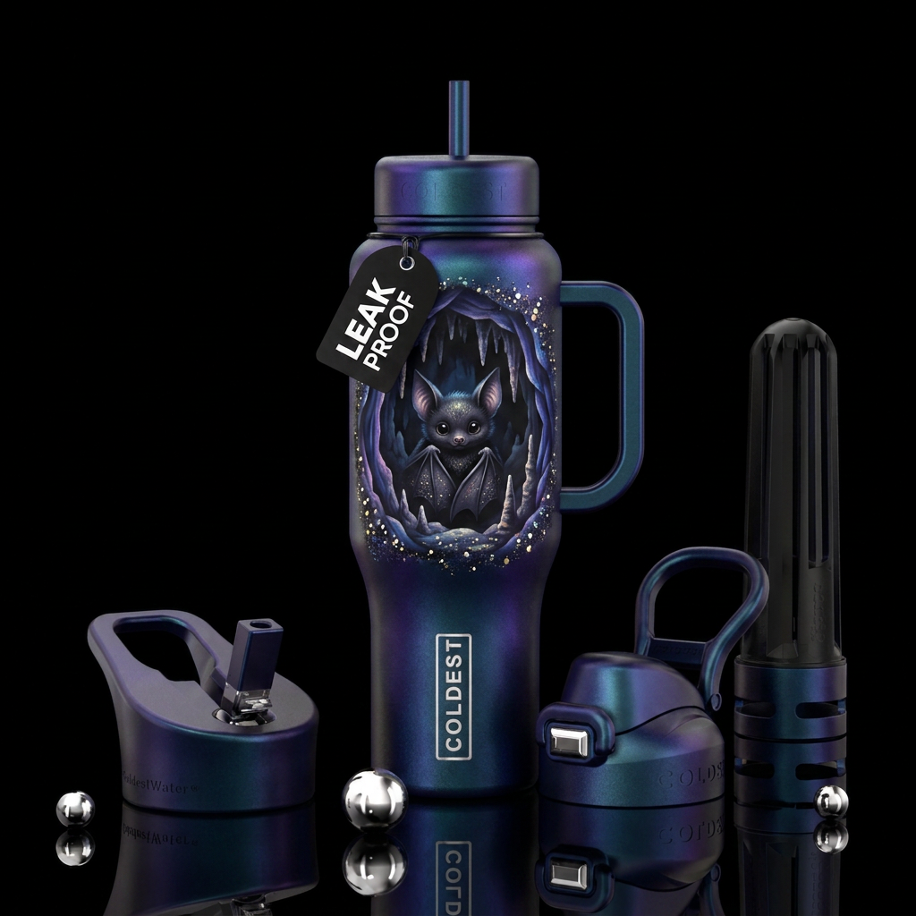 Cute bat peeking out of a cave, sparkly, artistic water bottle design