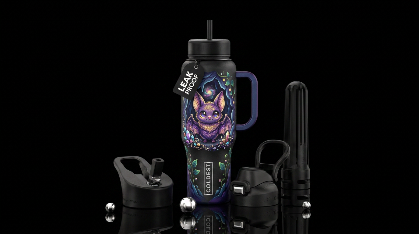 Cute bat peeking out of a cave, sparkly, artistic water bottle design