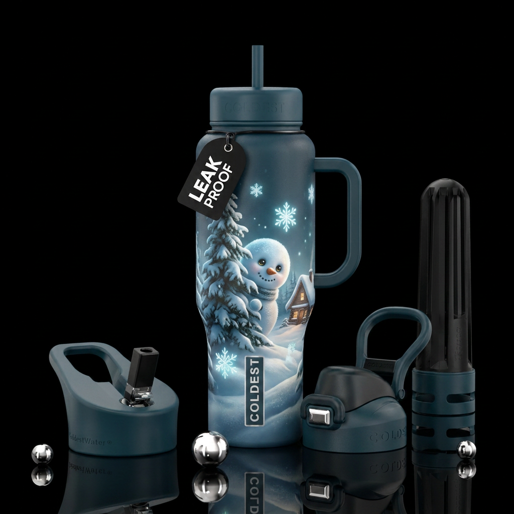 Cute snowman peeking around a tree. Winter wonderl... water bottle design