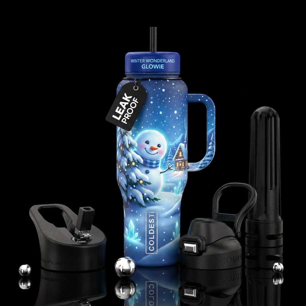 Cute snowman peeking around a tree. Winter wonderl... water bottle design