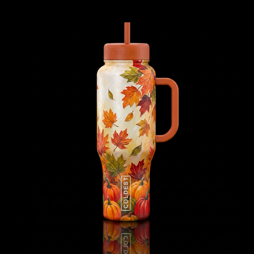 Pumpkins on the bottom of the tumbler. Leaves fall... water bottle design