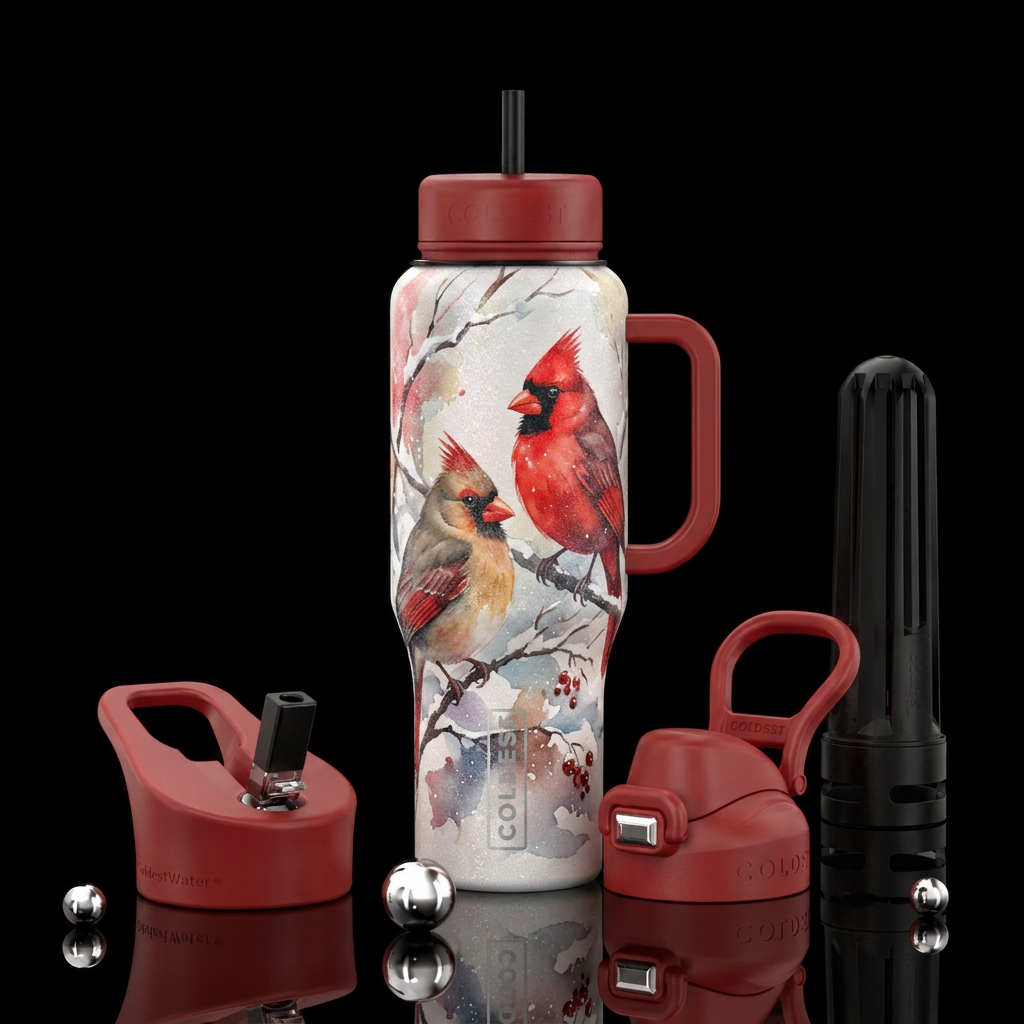 Cardinal male and female on the snowy ground,  spa... water bottle design