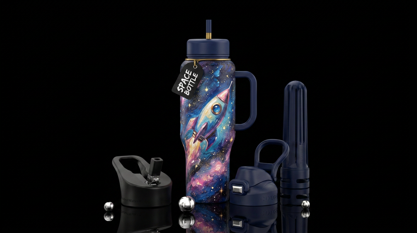 Rocketship  in space,  glowie,  stars, artistic, a... water bottle design