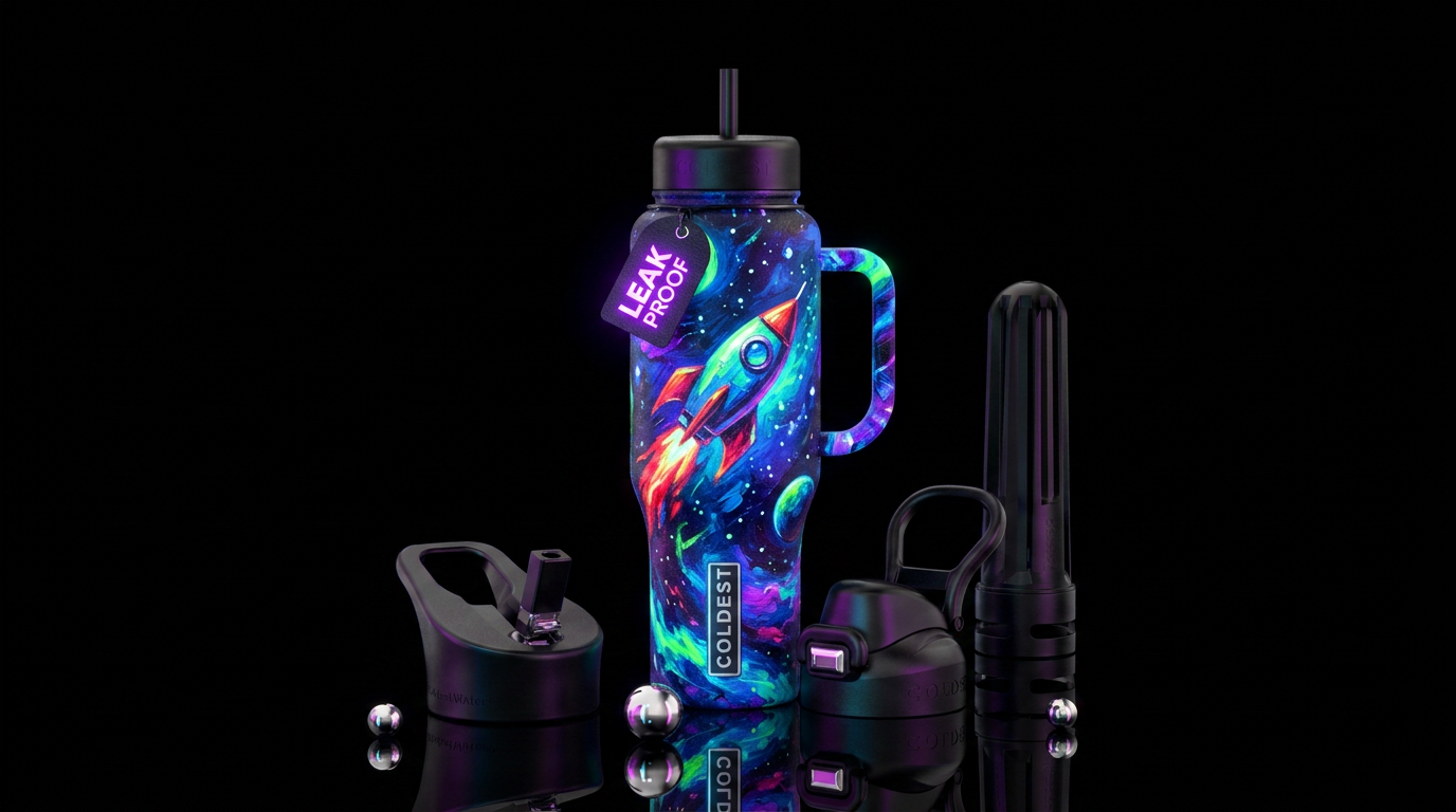 Rocketship  in space,  glowie,  stars, artistic, a... water bottle design