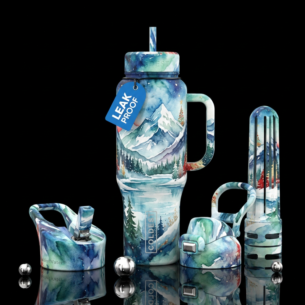 watercolor, mountains,, beautiul,  snowy,, abstrac... water bottle design