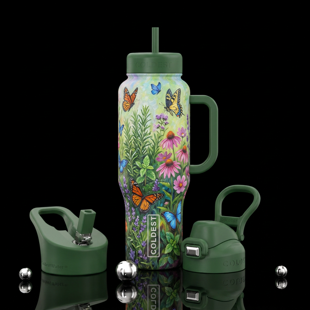 herbs, garden,  butterflies,, beautiul, artistic, ... water bottle design
