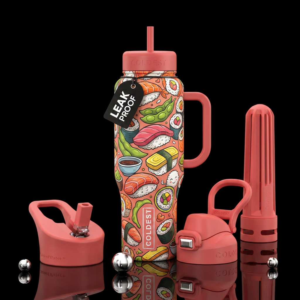 cartoon, artistic,, whimsical, sushi water bottle design
