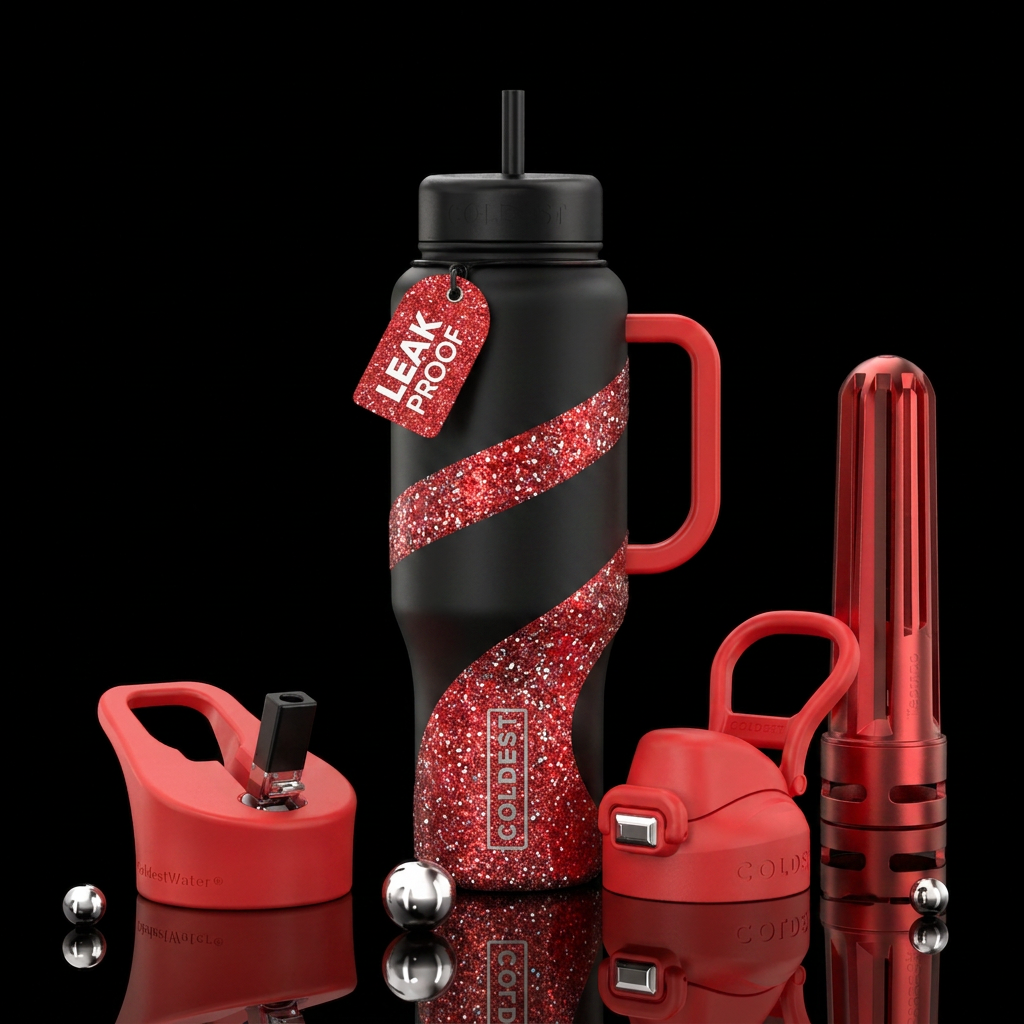 Black bottle,  with red sparkly bottom that is, sp... water bottle design