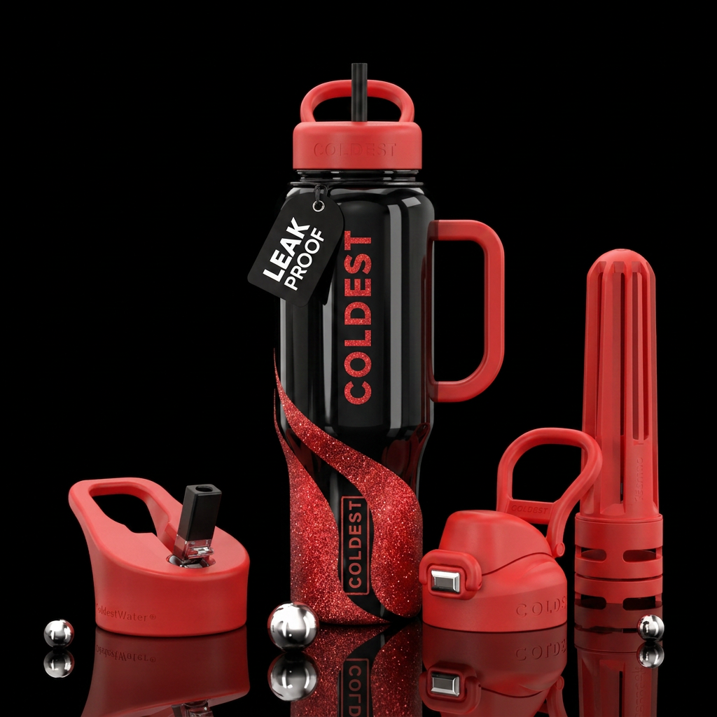 Black bottle,  with red sparkly bottom that is, sp... water bottle design