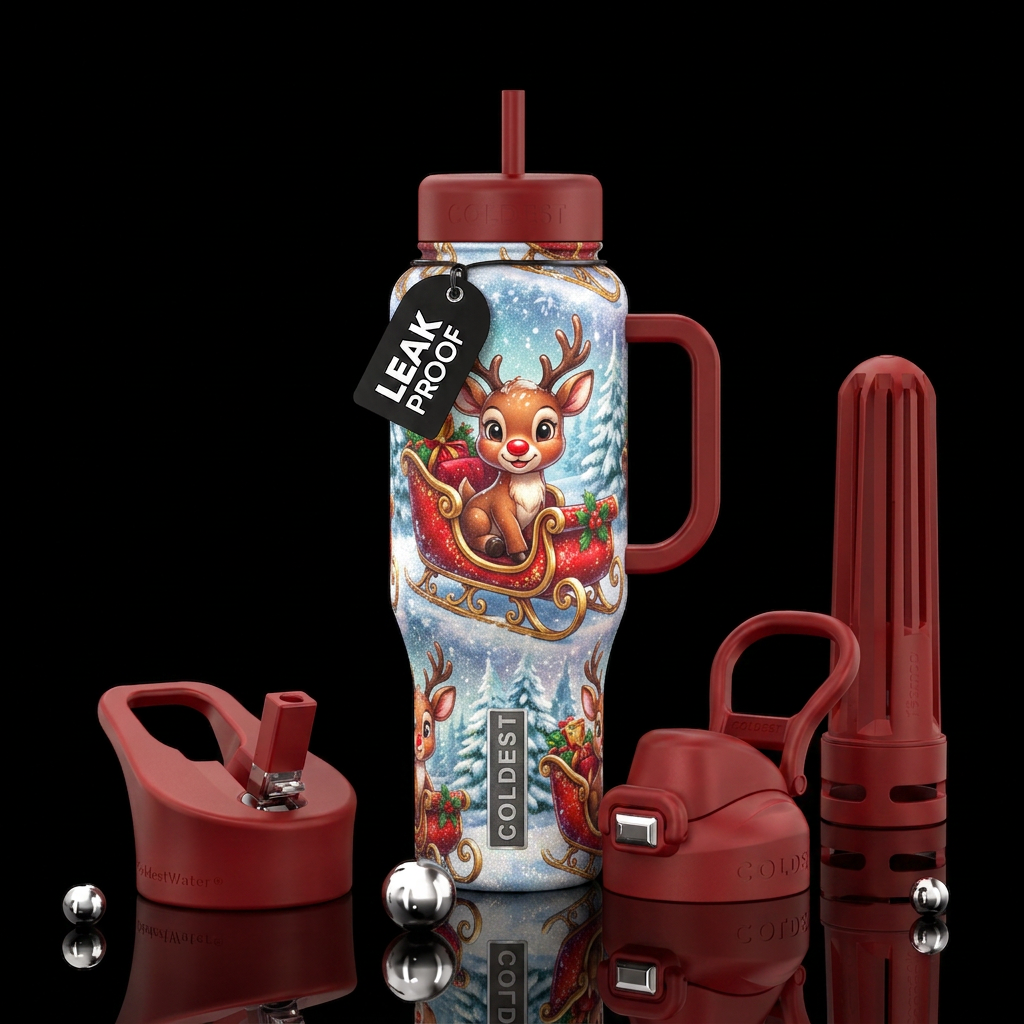 Cute Rudolph the Red-Nosed Reindeer, sitting in Sa... water bottle design