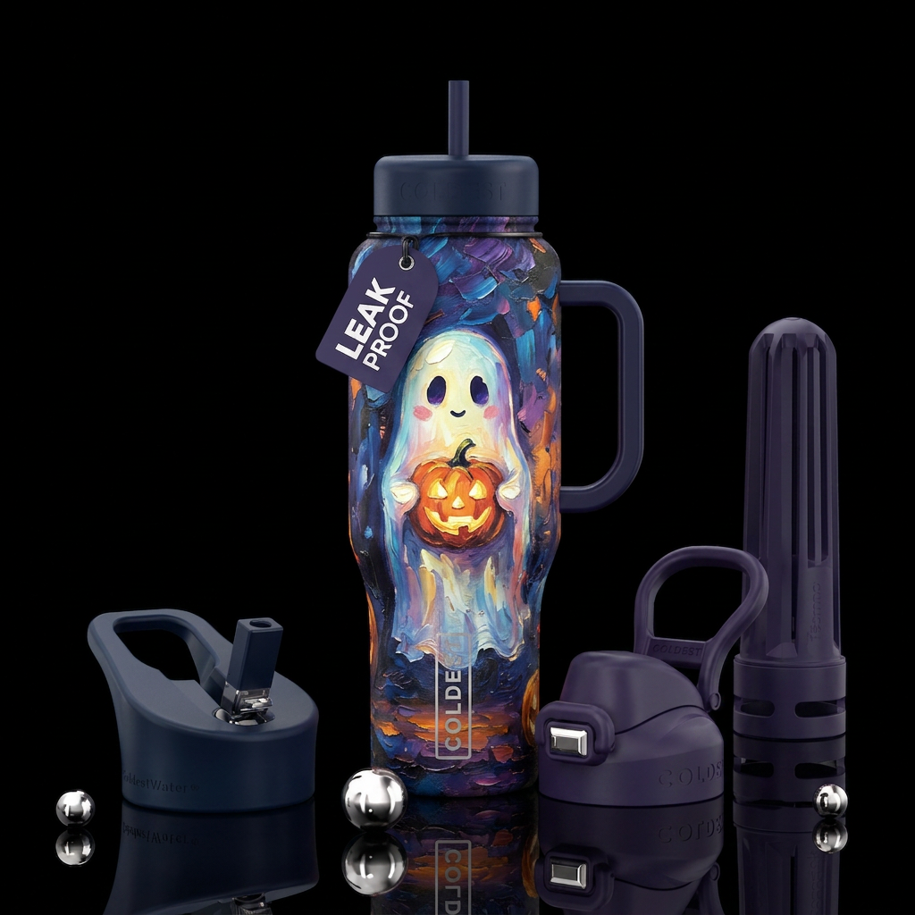 Cute ghost holding a pumpkin.  twilight,  glowie, ... water bottle design