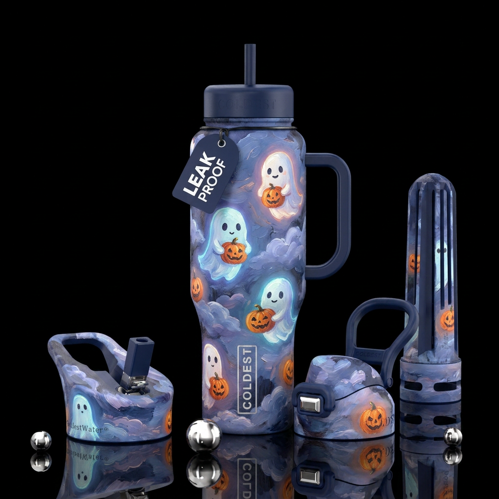 Cute ghost holding a pumpkin.  twilight,  glowie, ... water bottle design