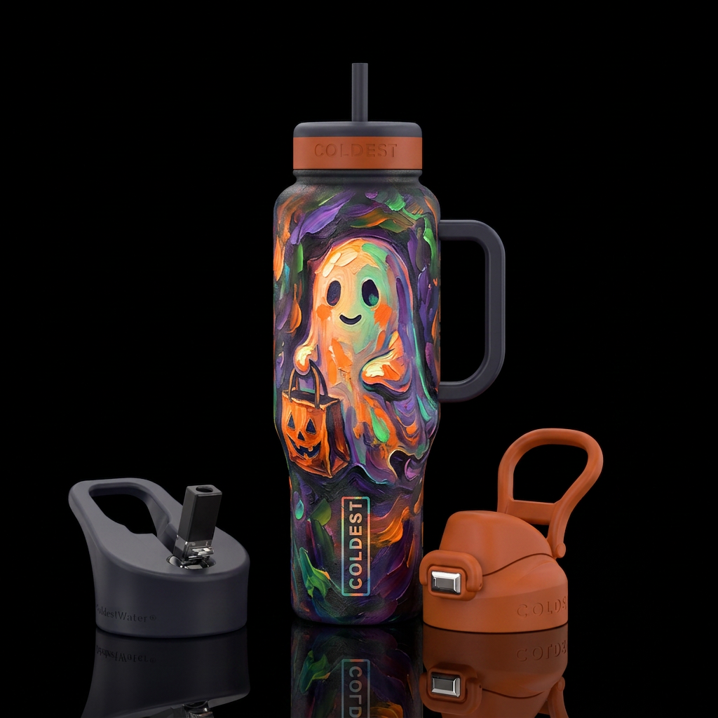 Cute ghost holding a trick or treat bag, glowie,  ... water bottle design