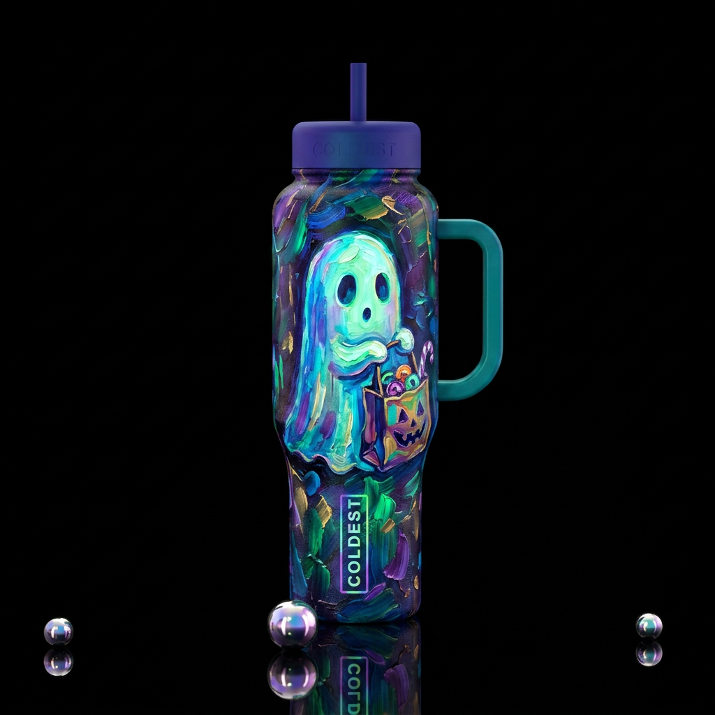 Cute ghost holding a trick or treat bag, glowie,  ... water bottle design