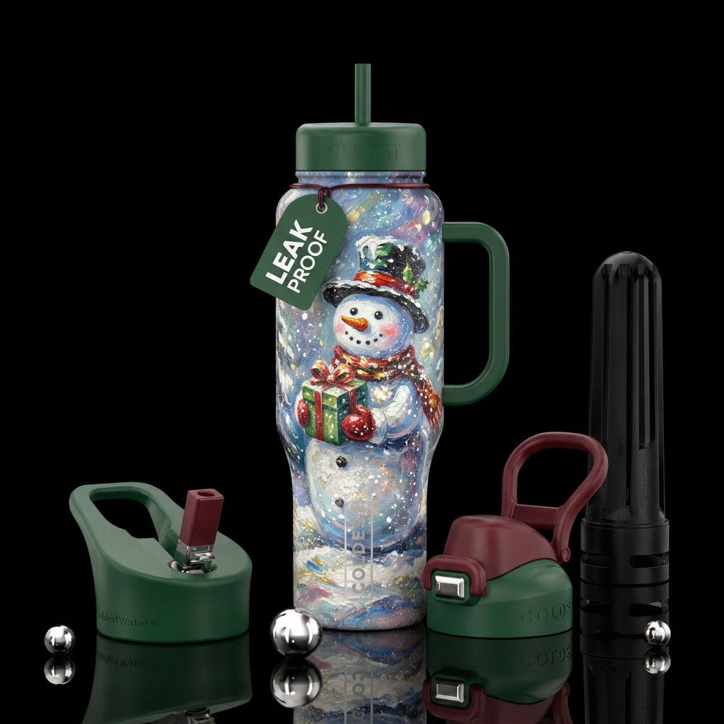 Cute snowman holding a Christmas present, snowy,  ... water bottle design