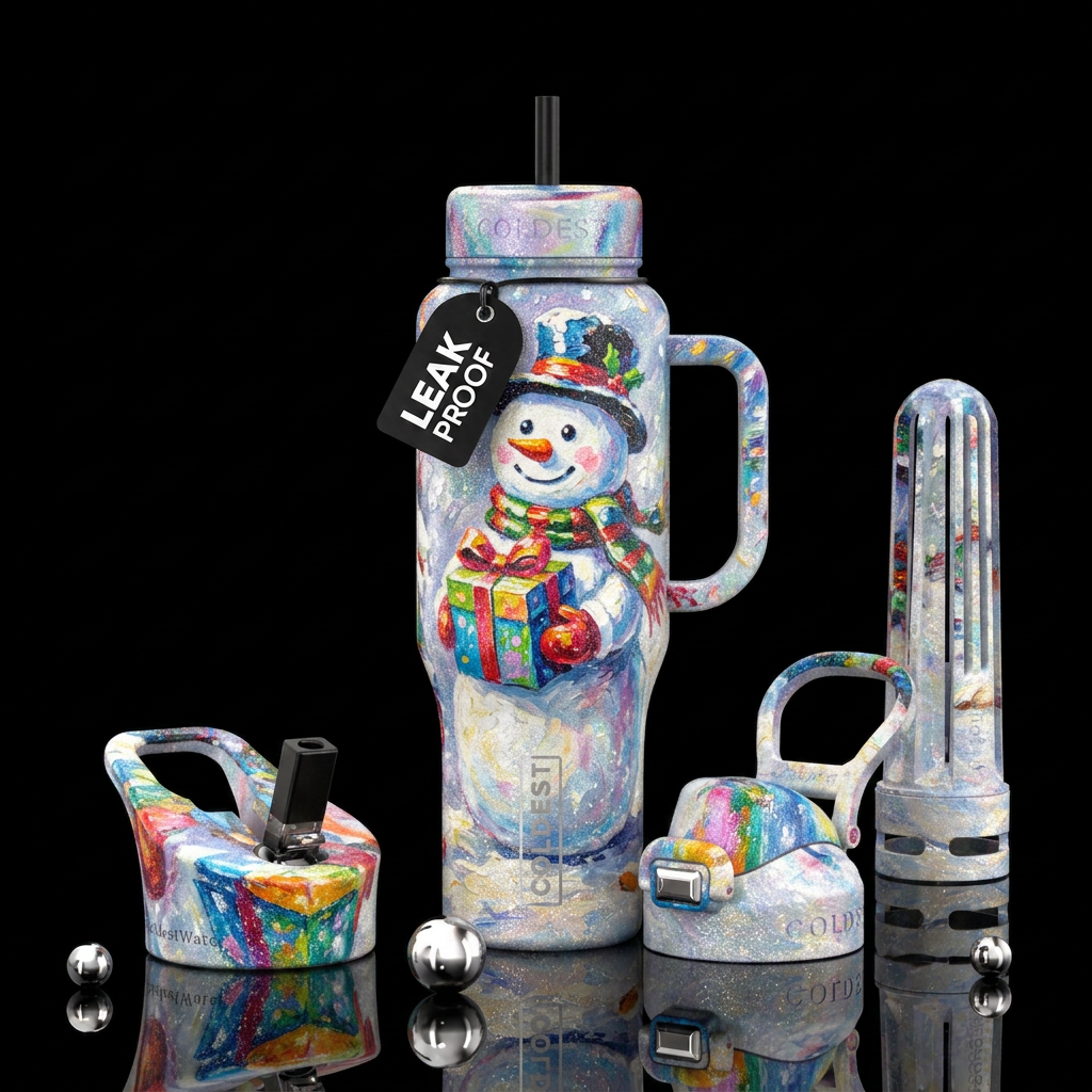 Cute snowman holding a Christmas present, snowy,  ... water bottle design