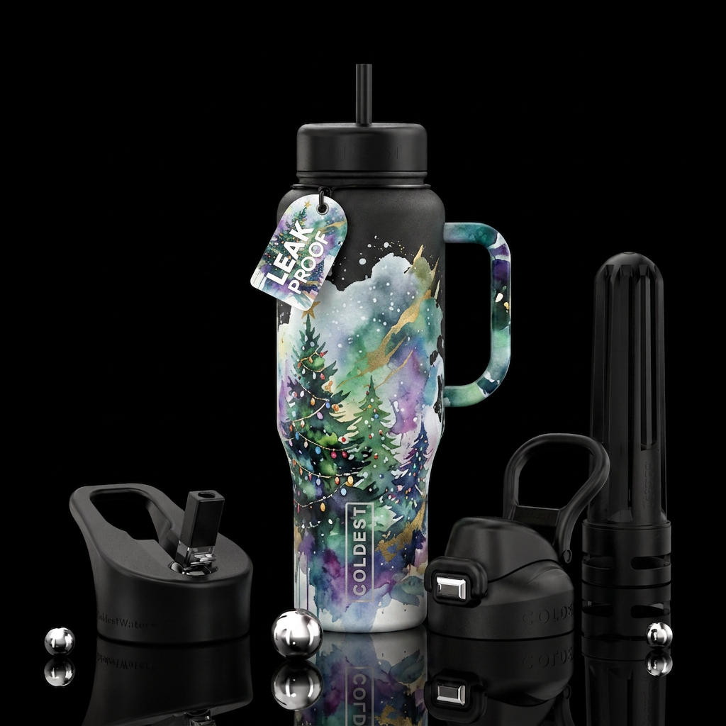 watercolor, Christmas tree with lights,, abstract,... water bottle design