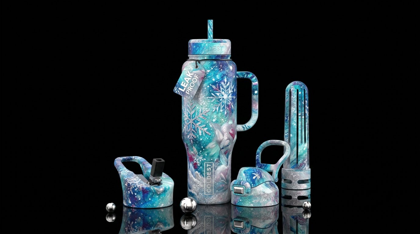 Inside a snowflake,  sparkly,  snowy, artistic, ab... water bottle design