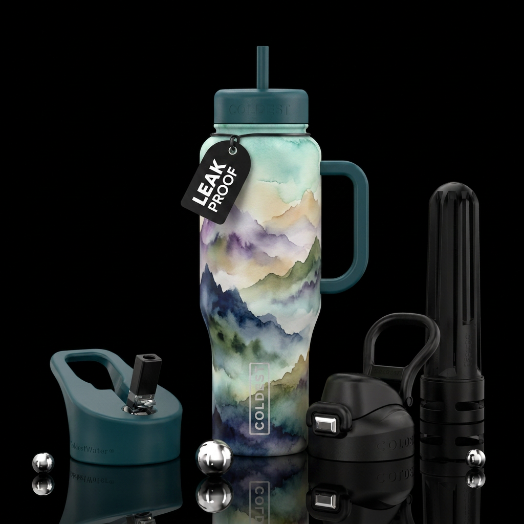 mountains. Foggy  beautiul, watercolor, artistic, ... water bottle design