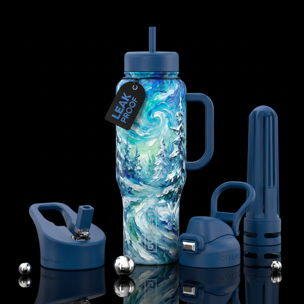 oil painted,  winter wonderland,, dreamy, fantasy,... water bottle design
