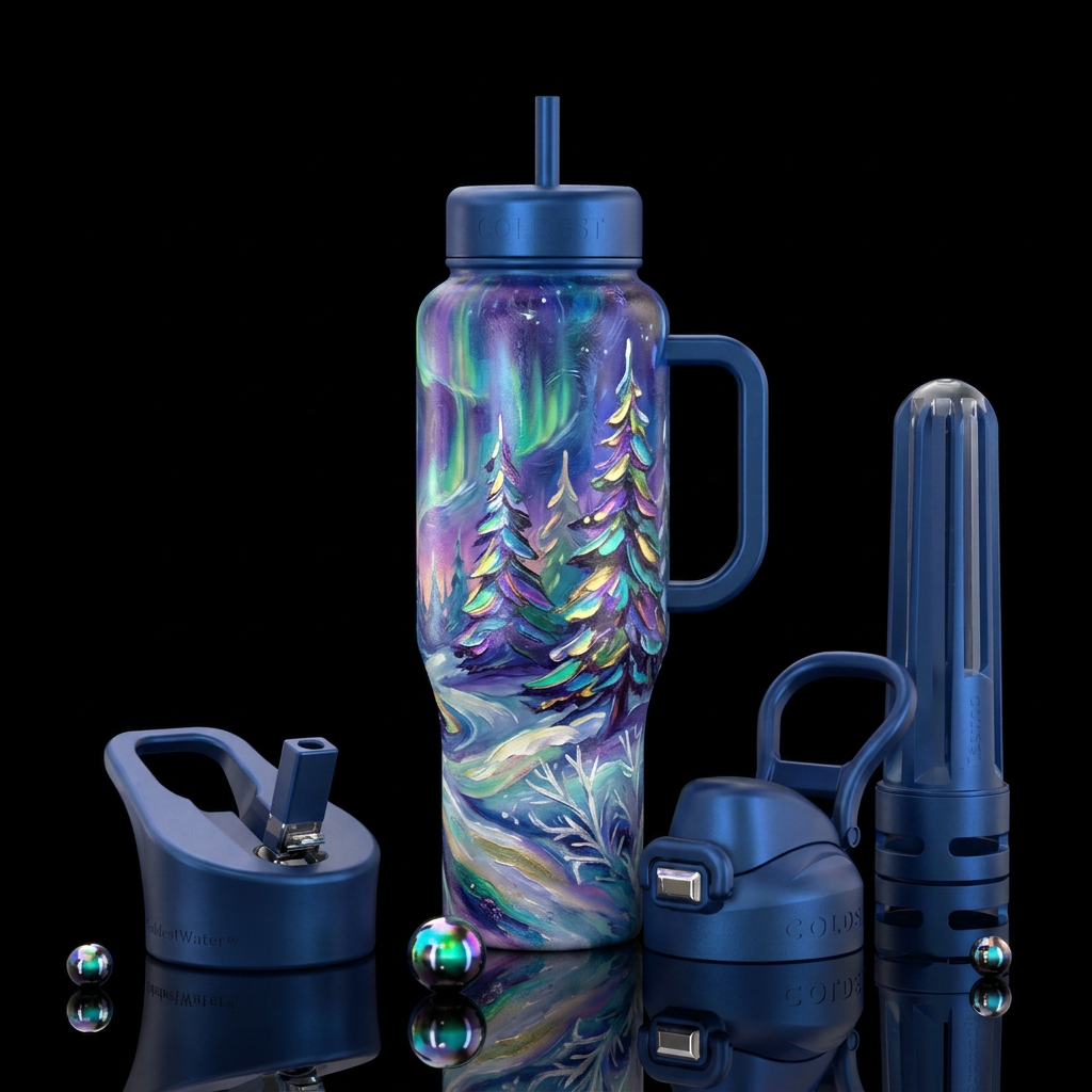 oil painted,  winter wonderland,, dreamy, fantasy,... water bottle design