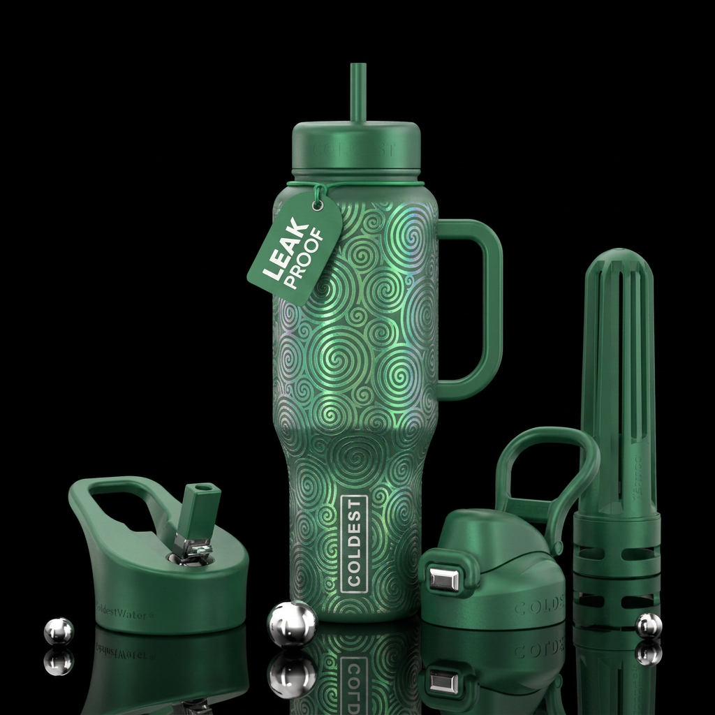spirals, irridescent green enchanted  artistic water bottle design