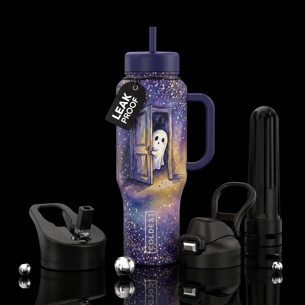 Cute ghost peeking out a door , twilight,  sparkly... water bottle design