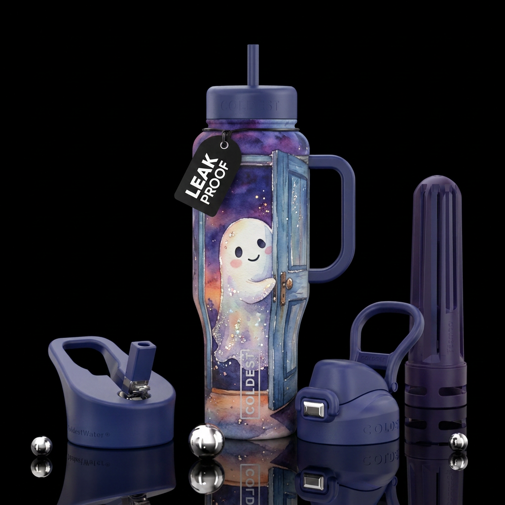 Cute ghost peeking out a door , twilight,  sparkly... water bottle design